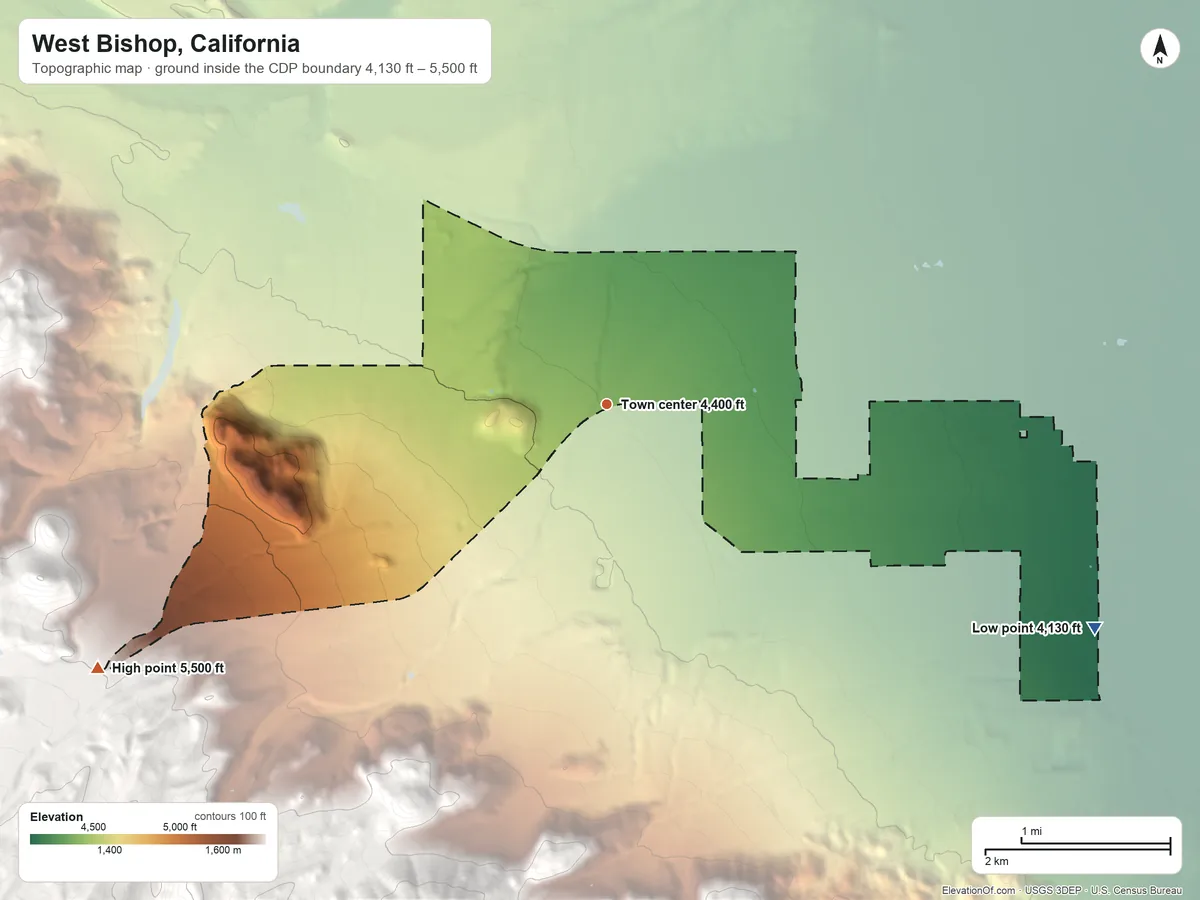 Topographic elevation map of West Bishop, California, shaded from 4,130 ft on the southeast side to 5,500 ft at the foot of the Tungsten Hills