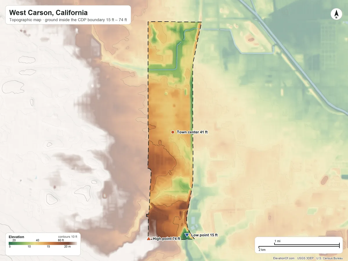 Topographic elevation map of West Carson, California, shaded from 15 ft on the south side to 74 ft on the south side