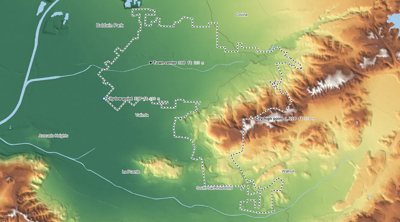 Topographic elevation map of West Covina, California, shaded from 330 ft on the southwest side to 1,210 ft on the southeast side