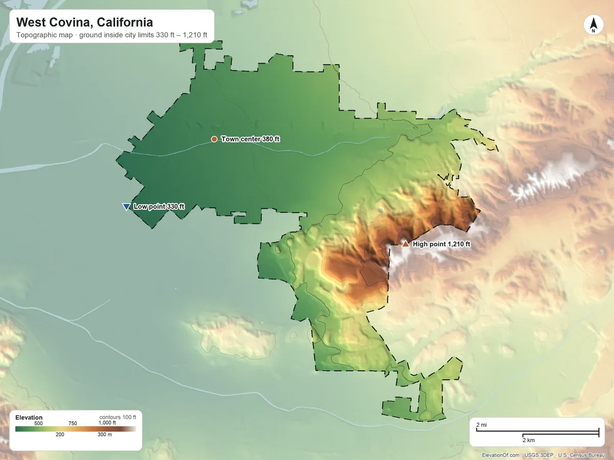 Topographic elevation map of West Covina, California, shaded from 330 ft on the southwest side to 1,210 ft on the southeast side