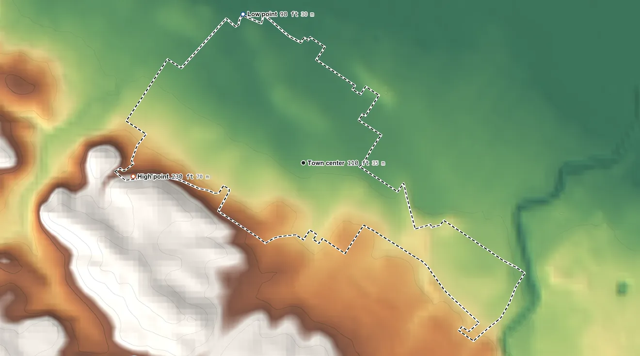Topographic elevation map of West Menlo Park, California, shaded from 98 ft on the north side to 230 ft at the foot of the Coyote Hills