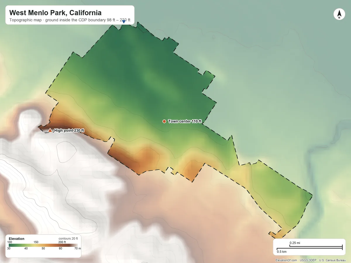 Topographic elevation map of West Menlo Park, California, shaded from 98 ft on the north side to 230 ft at the foot of the Coyote Hills