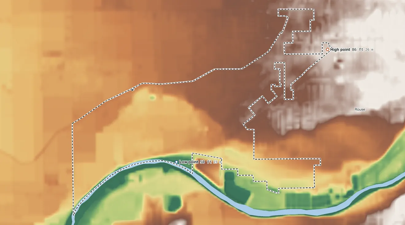 Topographic elevation map of West Modesto, California, shaded from 50 ft on the southwest side to 86 ft on the northeast side