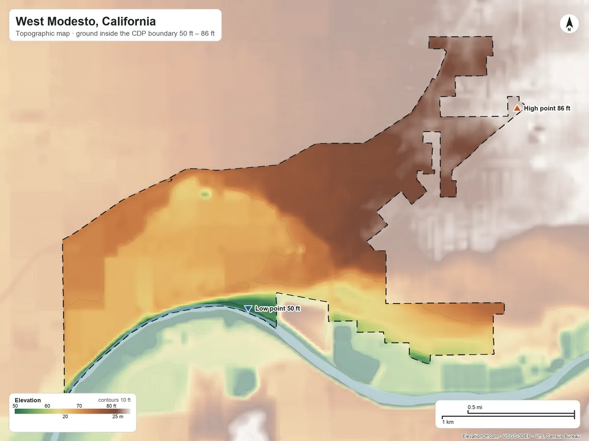 Topographic elevation map of West Modesto, California, shaded from 50 ft on the southwest side to 86 ft on the northeast side