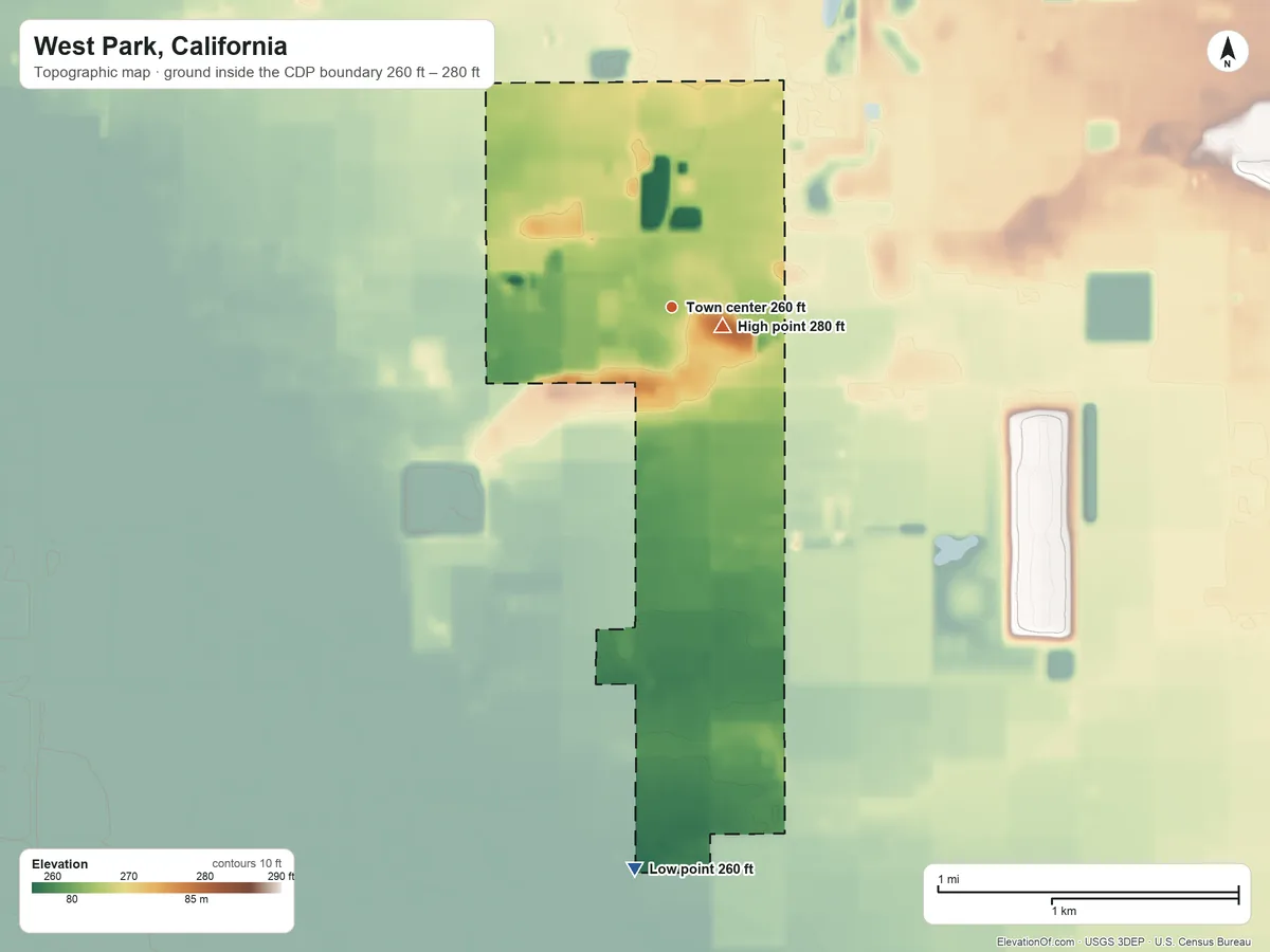 Topographic elevation map of West Park, California, shaded from 260 ft on the south side to 280 ft near the middle
