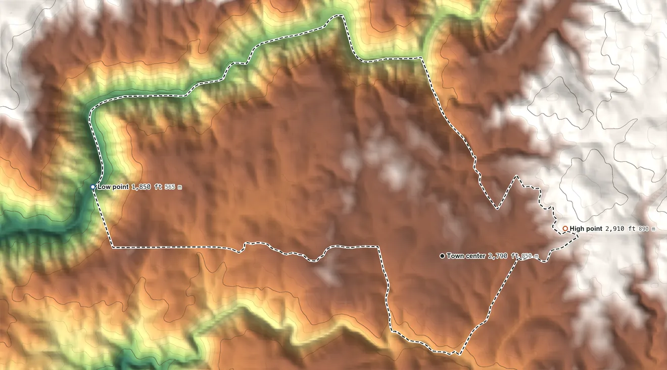 Topographic elevation map of West Point, California, shaded from 1,850 ft on the west side to 2,910 ft on the east edge, below higher ground just outside