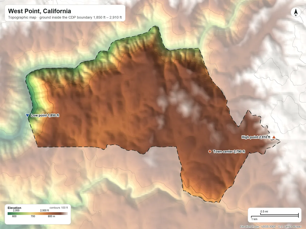 Topographic elevation map of West Point, California, shaded from 1,850 ft on the west side to 2,910 ft on the east edge, below higher ground just outside