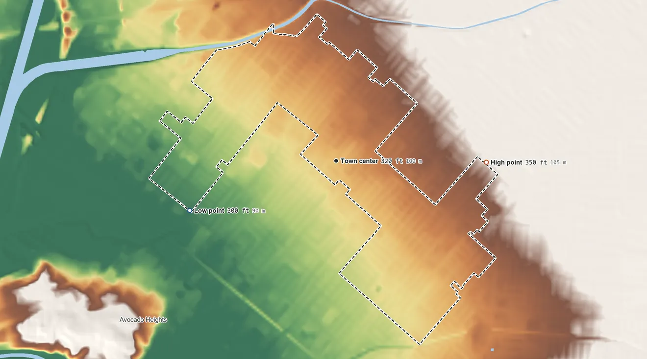 Topographic elevation map of West Puente Valley, California, shaded from 300 ft on the west side to 350 ft on the east side