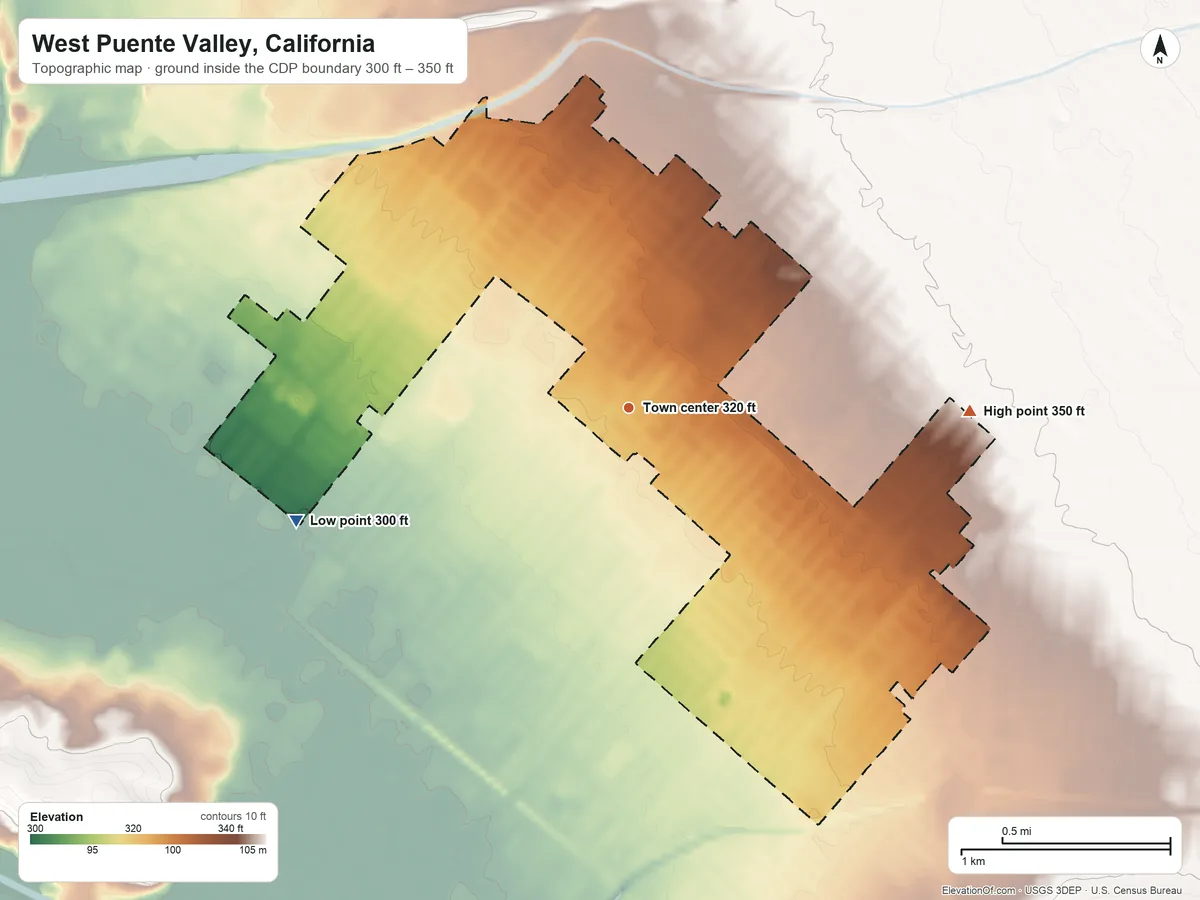 Topographic elevation map of West Puente Valley, California, shaded from 300 ft on the west side to 350 ft on the east side