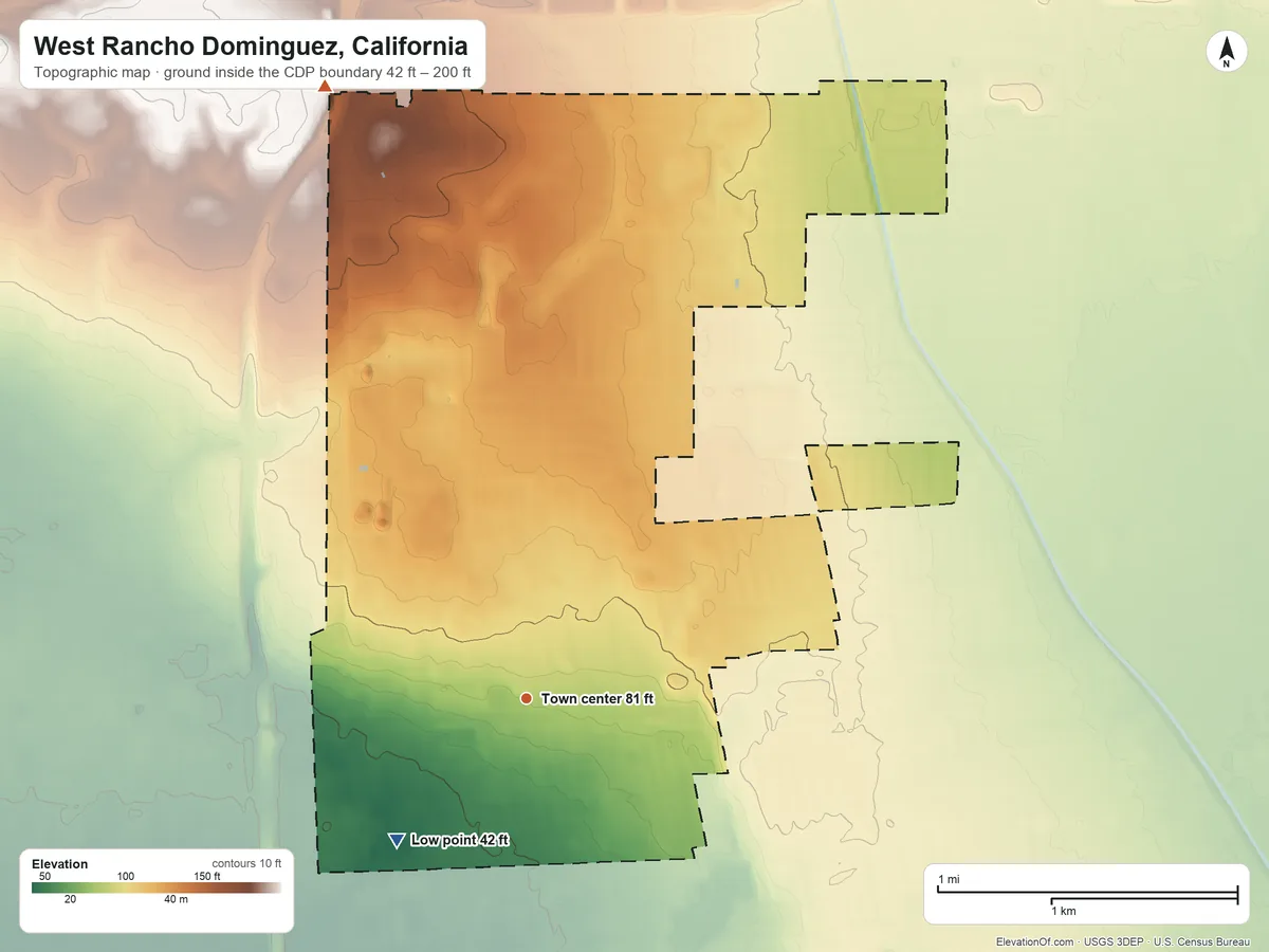 Topographic elevation map of West Rancho Dominguez, California, shaded from 42 ft on the southwest side to 200 ft on the north side