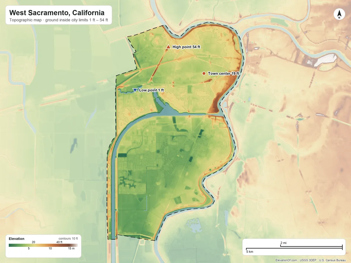 Topographic elevation map of West Sacramento, California, shaded from 1 ft on the west side to 54 ft on the northwest side