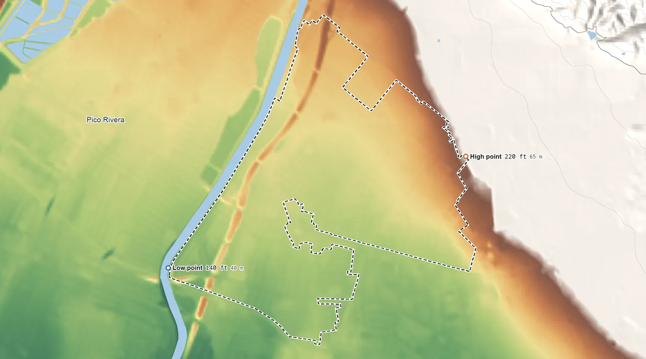 Topographic elevation map of West Whittier-Los Nietos, California, shaded from 140 ft on the southwest side to 220 ft at the foot of the West Coyote Hills