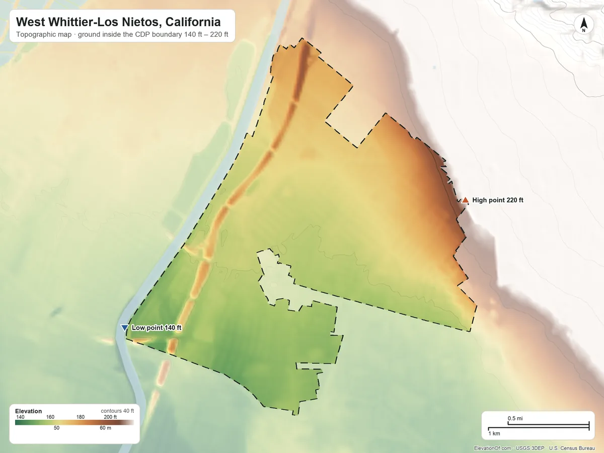 Topographic elevation map of West Whittier-Los Nietos, California, shaded from 140 ft on the southwest side to 220 ft at the foot of the West Coyote Hills