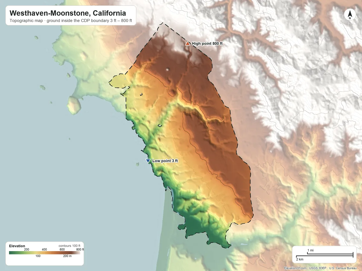 Topographic elevation map of Westhaven-Moonstone, California, shaded from 3 ft on the southwest side to 800 ft at the foot of the Bald Hills