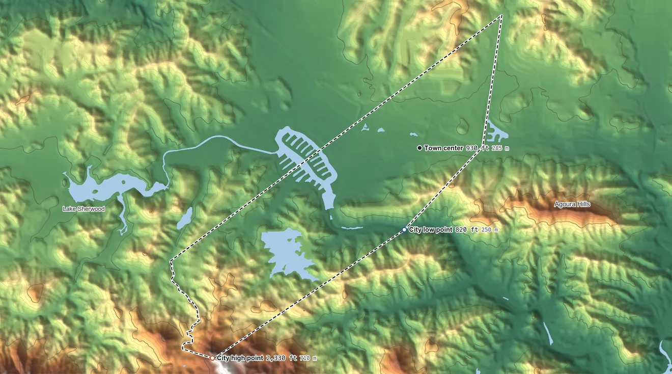 Topographic elevation map of Westlake Village, California, shaded from 820 ft on the south side to 2,330 ft on the southwest side