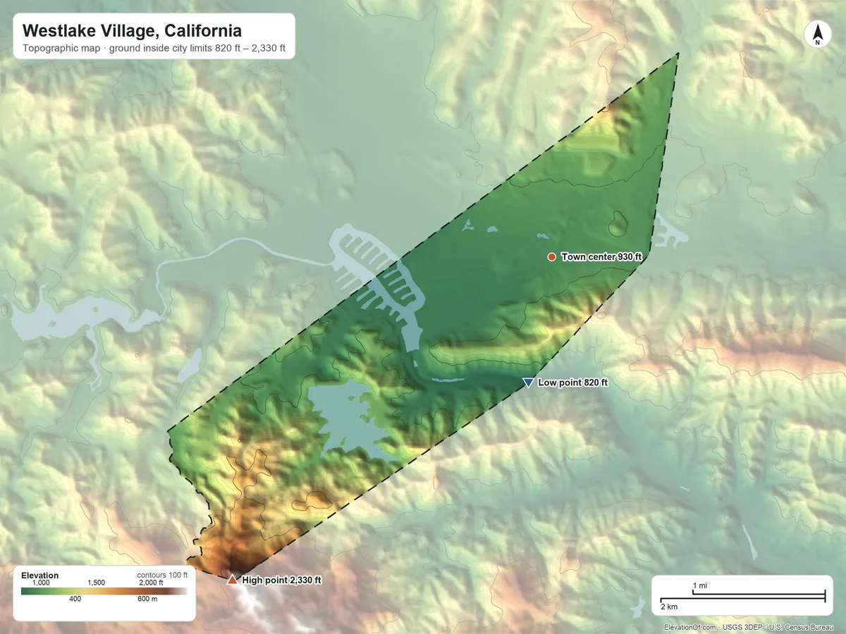 Topographic elevation map of Westlake Village, California, shaded from 820 ft on the south side to 2,330 ft on the southwest side