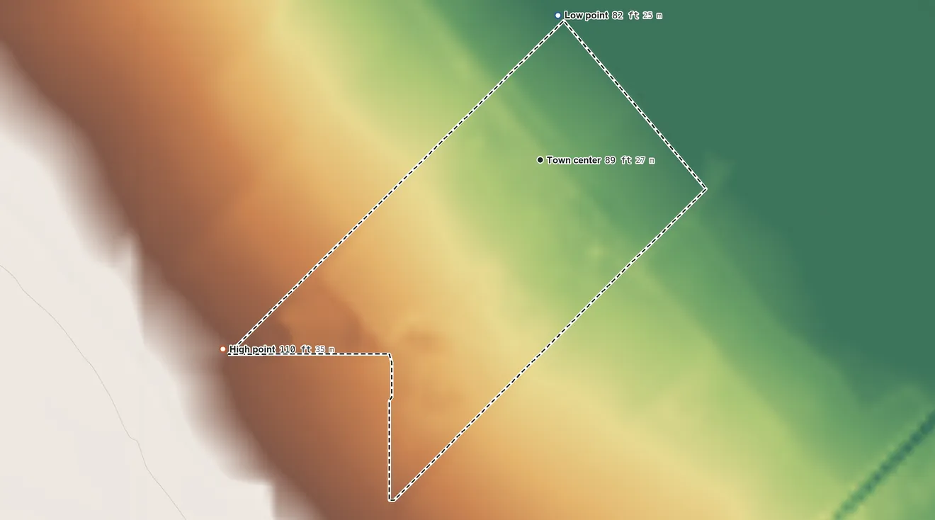 Topographic elevation map of Westley, California, shaded from 82 ft on the north side to 110 ft on the southwest side