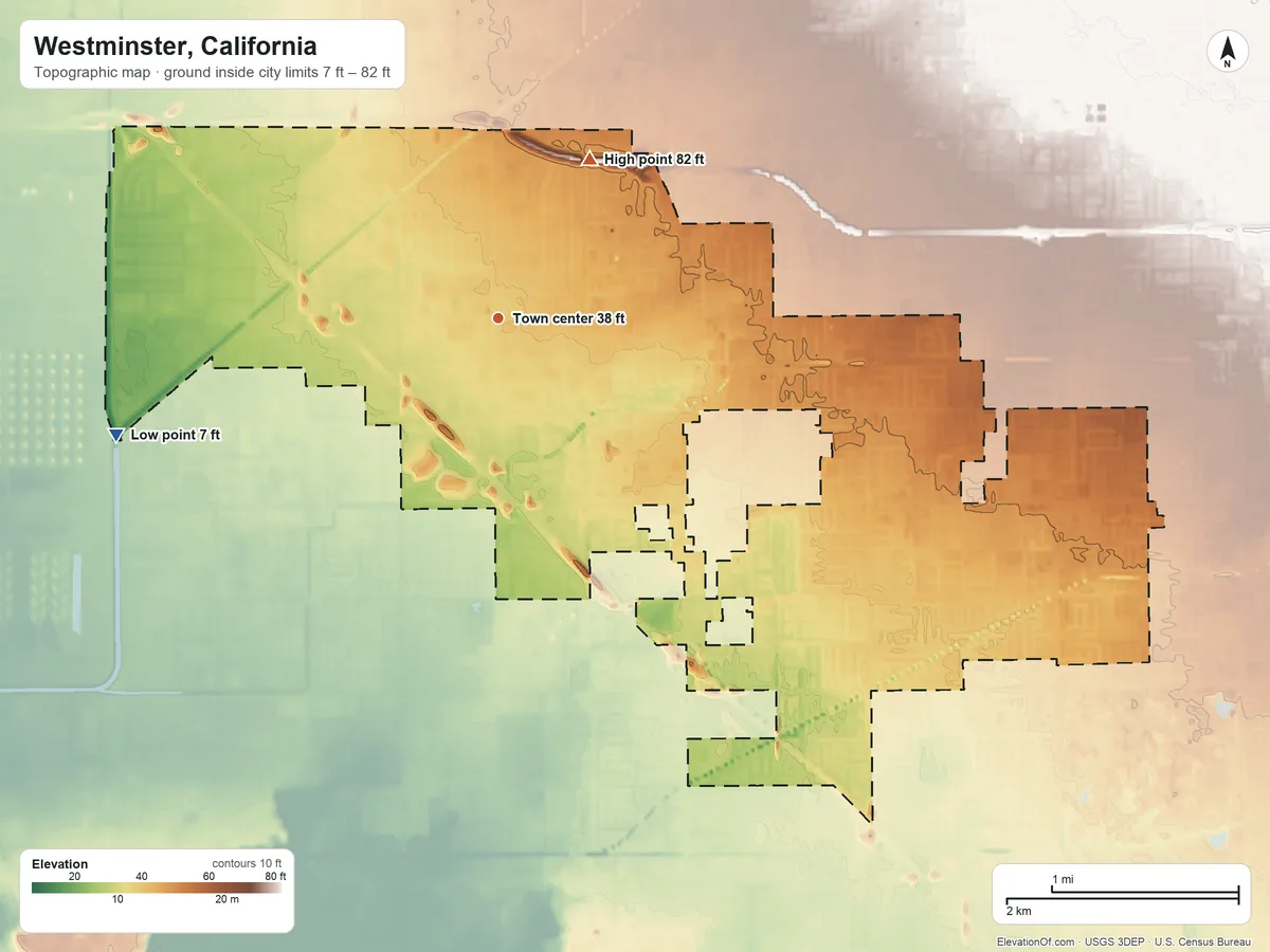 Topographic elevation map of Westminster, California, shaded from 7 ft on the west side to 82 ft on the northeast side