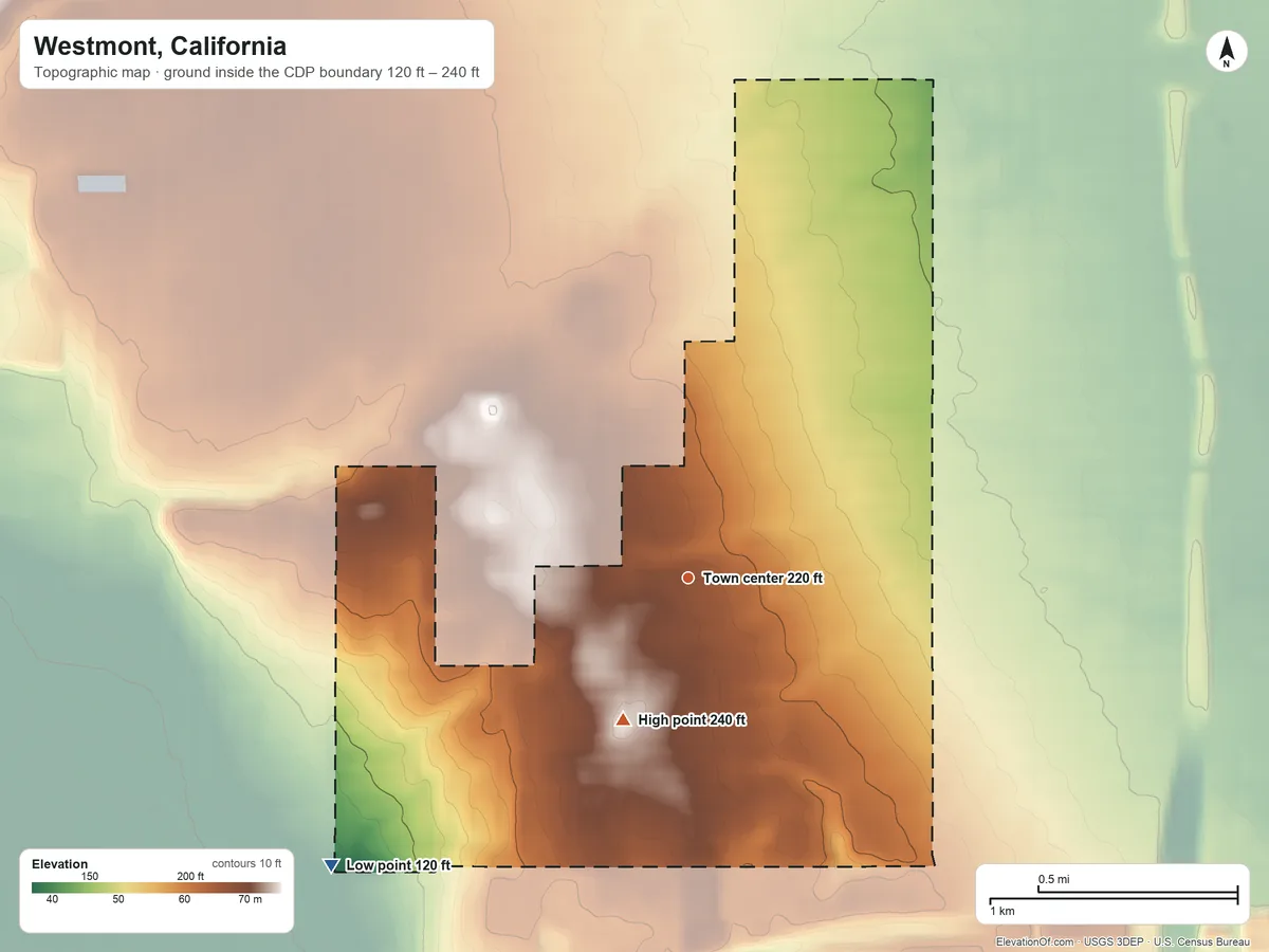 Topographic elevation map of Westmont, California, shaded from 120 ft on the southwest side to 240 ft on the southwest side
