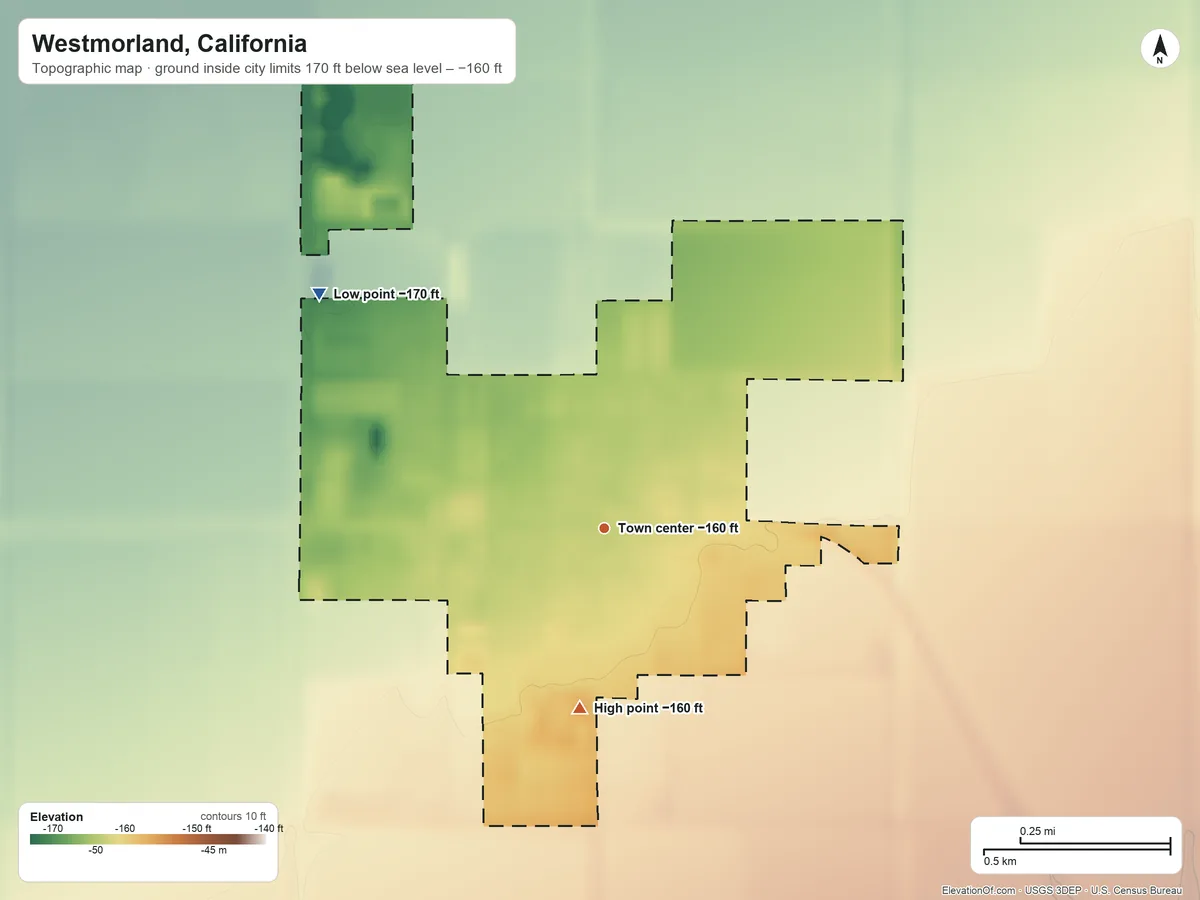 Topographic elevation map of Westmorland, California, shaded from −170 ft on the northwest side to −160 ft on the south side