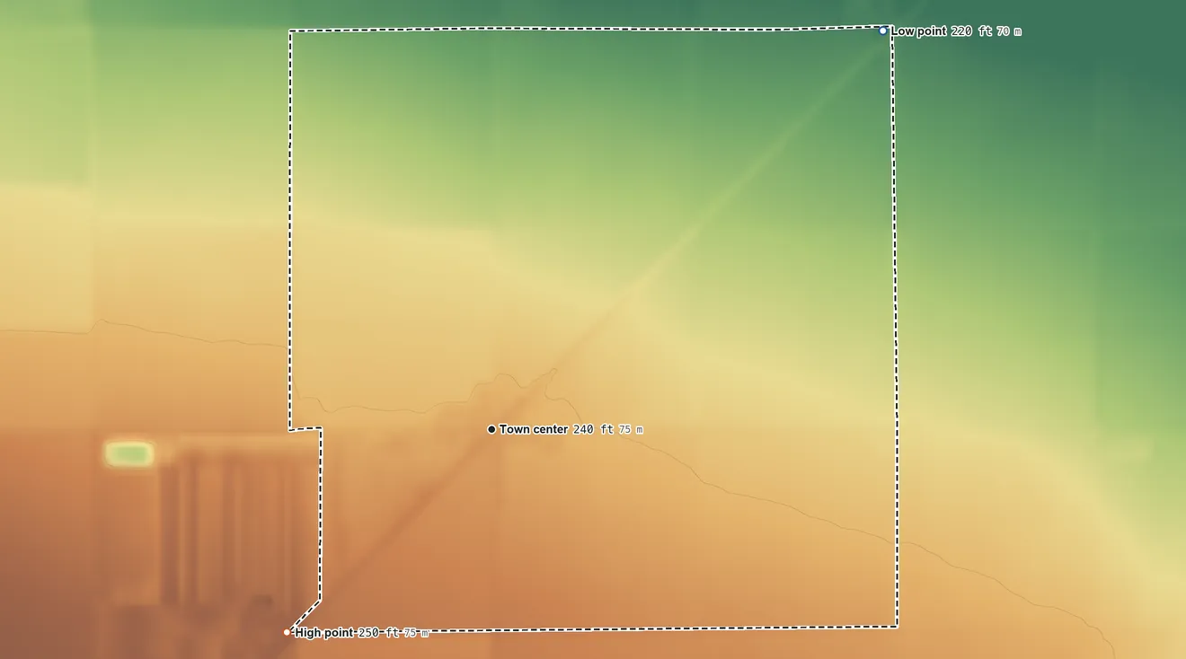 Topographic elevation map of Westside, California, shaded from 220 ft on the northeast side to 250 ft on the southwest side