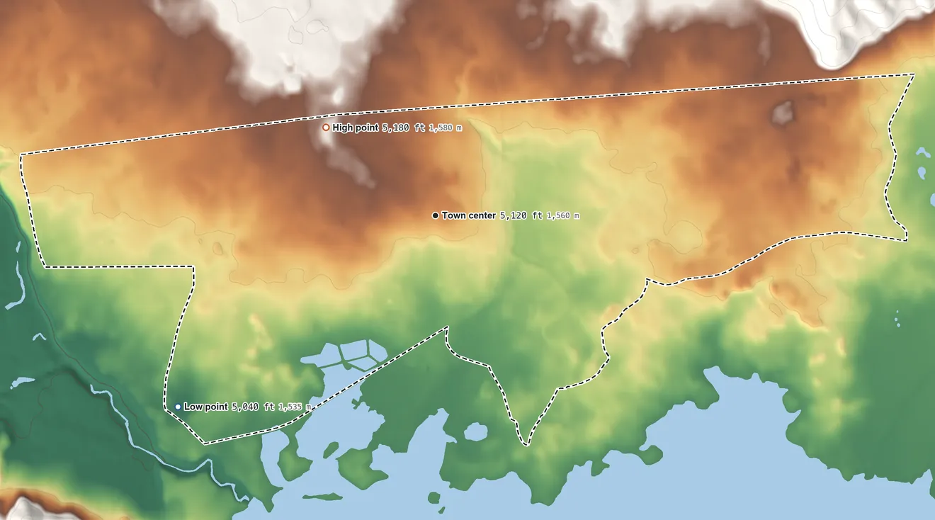 Topographic elevation map of Westwood, California, shaded from 5,040 ft on the southwest side to 5,180 ft on the northwest side