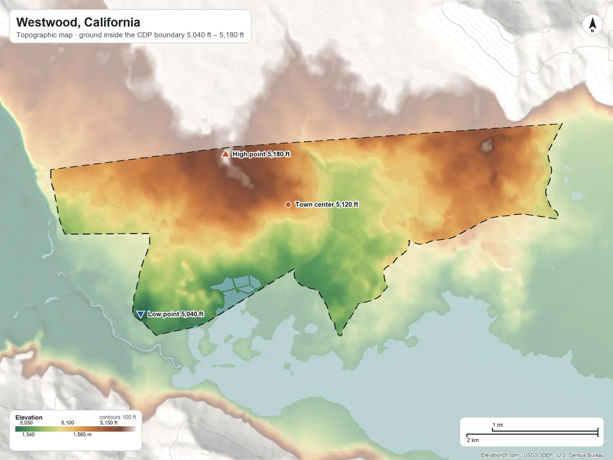 Topographic elevation map of Westwood, California, shaded from 5,040 ft on the southwest side to 5,180 ft on the northwest side