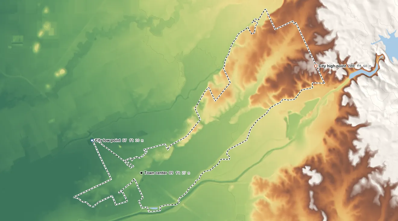Topographic elevation map of Wheatland, California, shaded from 67 ft on the northwest side to 200 ft on the northeast side