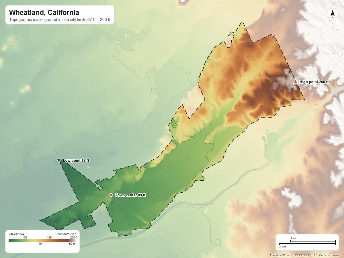 Topographic elevation map of Wheatland, California, shaded from 67 ft on the northwest side to 200 ft on the northeast side