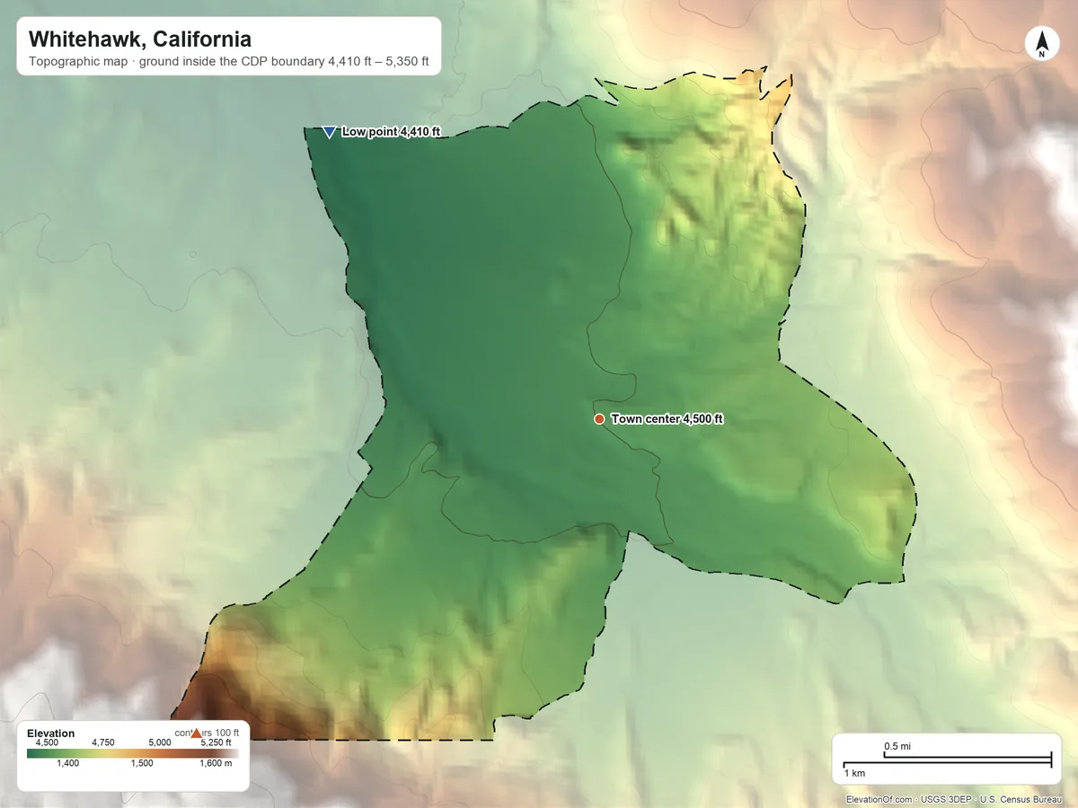 Topographic elevation map of Whitehawk, California, shaded from 4,410 ft on the northwest side to 5,350 ft on the southwest edge, below higher ground just outside