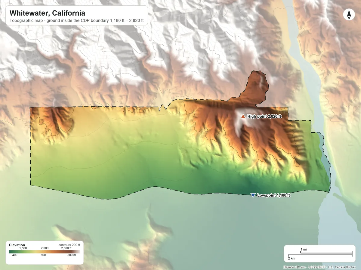 Topographic elevation map of Whitewater, California, shaded from 1,180 ft on the east side to 2,820 ft at the foot of the San Jacinto Mountains