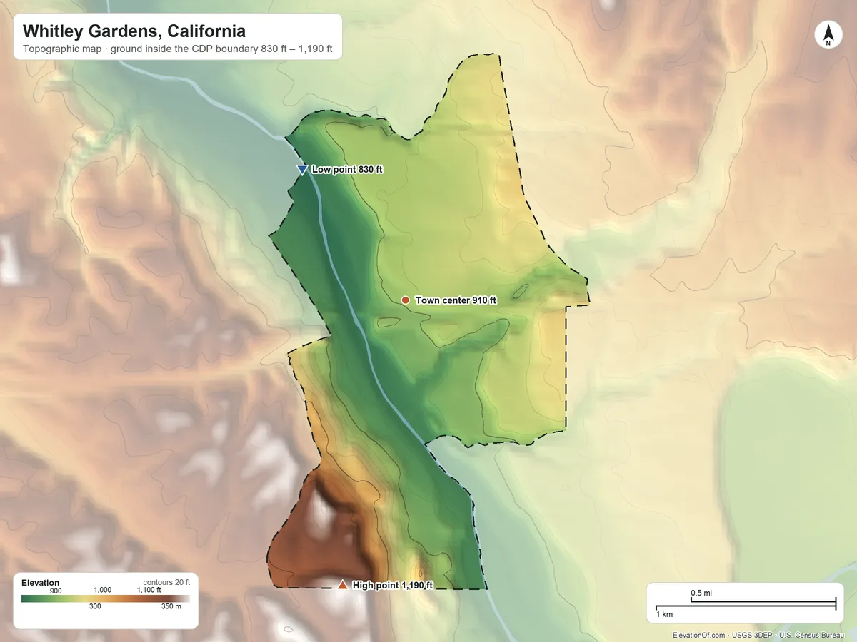 Topographic elevation map of Whitley Gardens, California, shaded from 830 ft on the northwest side to 1,190 ft on the south side