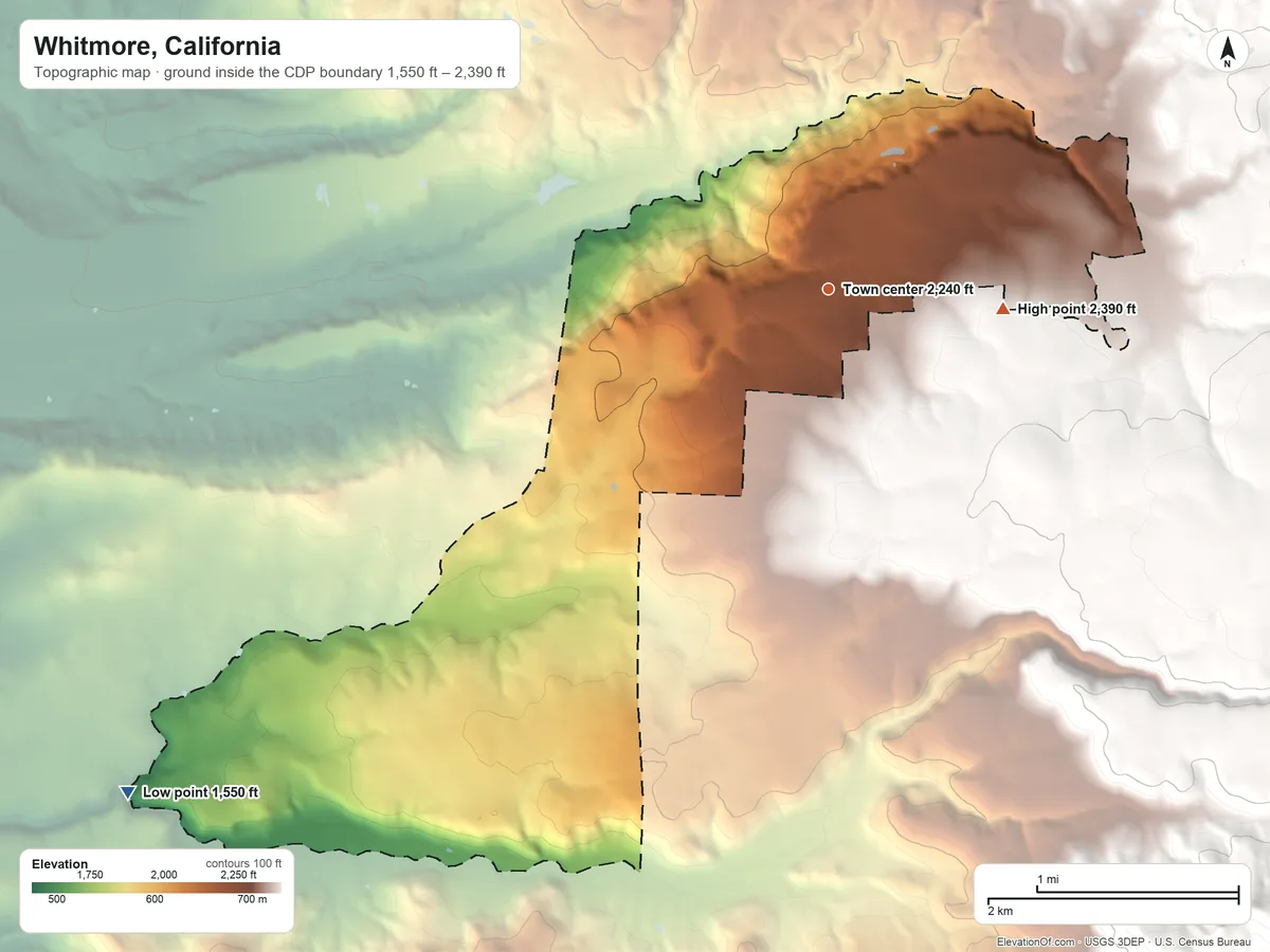 Topographic elevation map of Whitmore, California, shaded from 1,550 ft on the southwest side to 2,390 ft on the east side