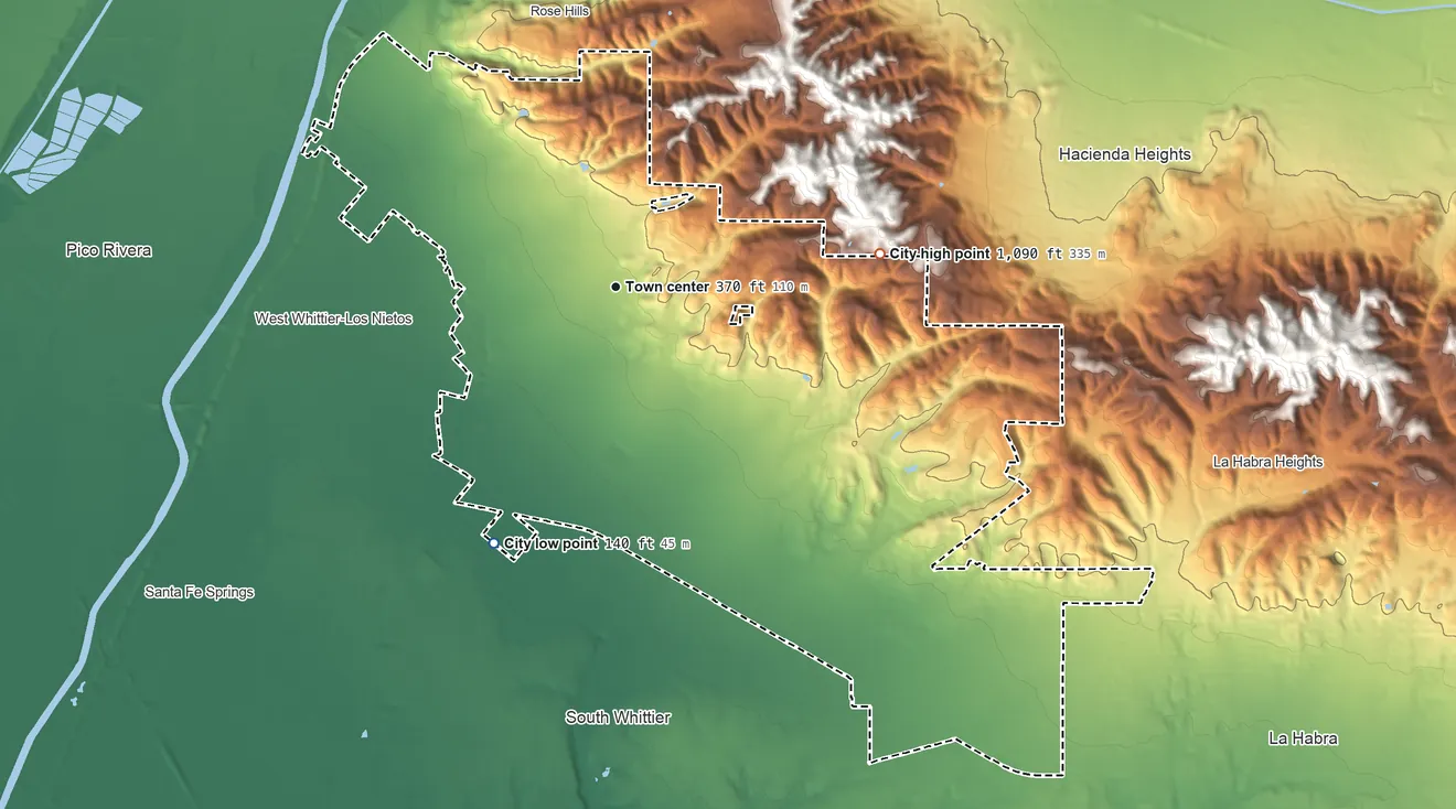 Topographic elevation map of Whittier, California, shaded from 140 ft on the southwest side to 1,090 ft on the east side