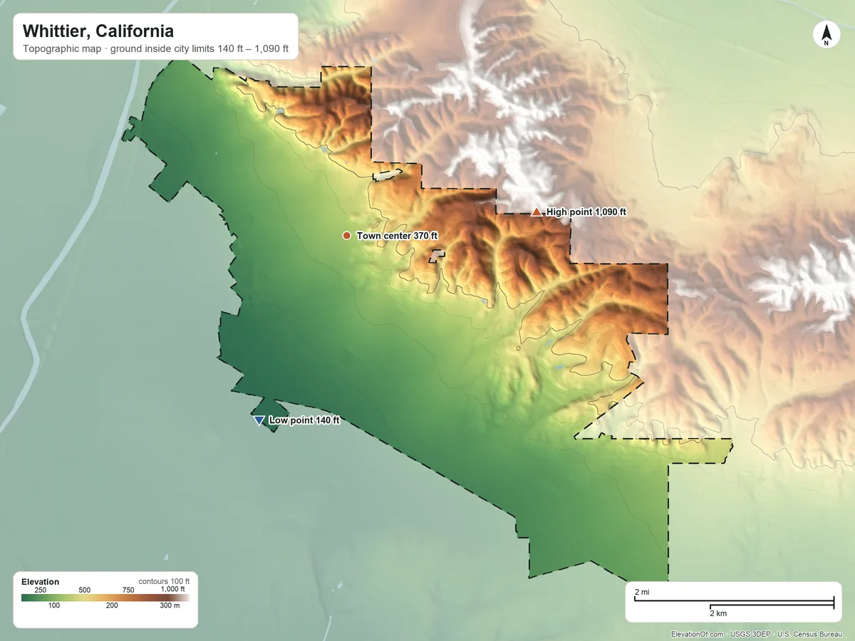Topographic elevation map of Whittier, California, shaded from 140 ft on the southwest side to 1,090 ft on the east side