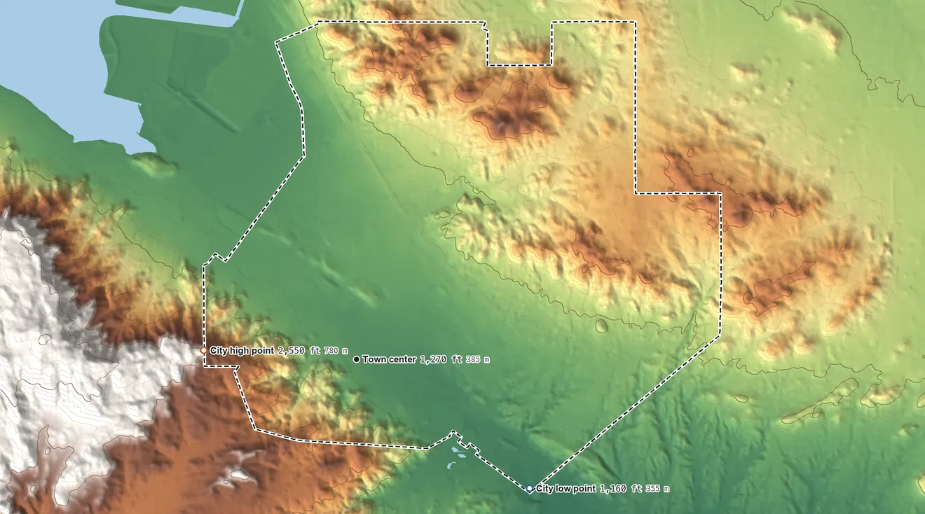 Topographic elevation map of Wildomar, California, shaded from 1,160 ft on the southeast side to 2,550 ft at the foot of the Menifee Hills
