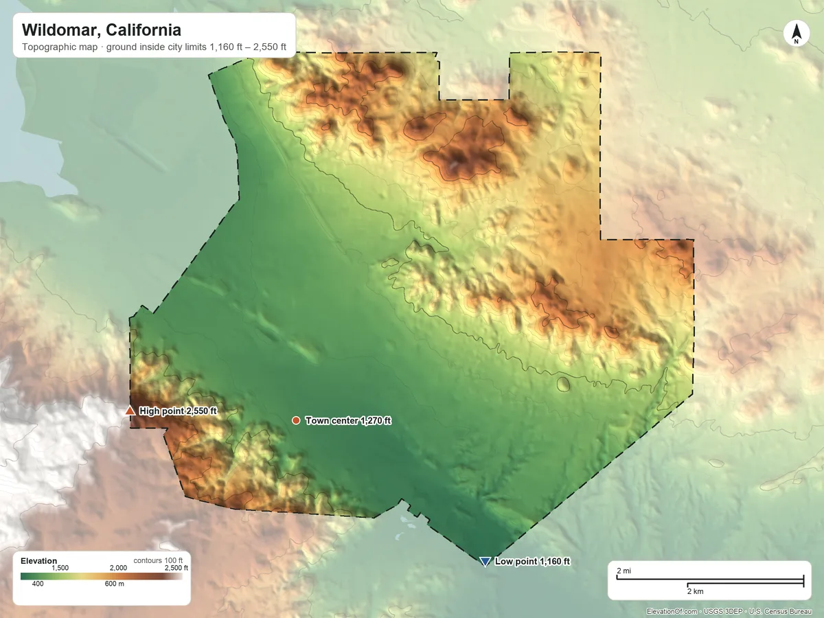 Topographic elevation map of Wildomar, California, shaded from 1,160 ft on the southeast side to 2,550 ft at the foot of the Menifee Hills