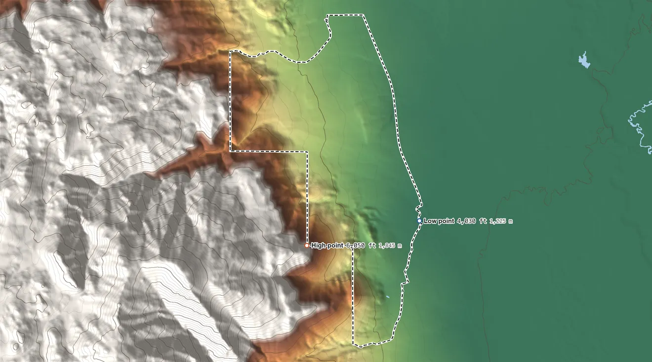 Topographic elevation map of Wilkerson, California, shaded from 4,030 ft on the east side to 6,050 ft at the foot of the Tungsten Hills