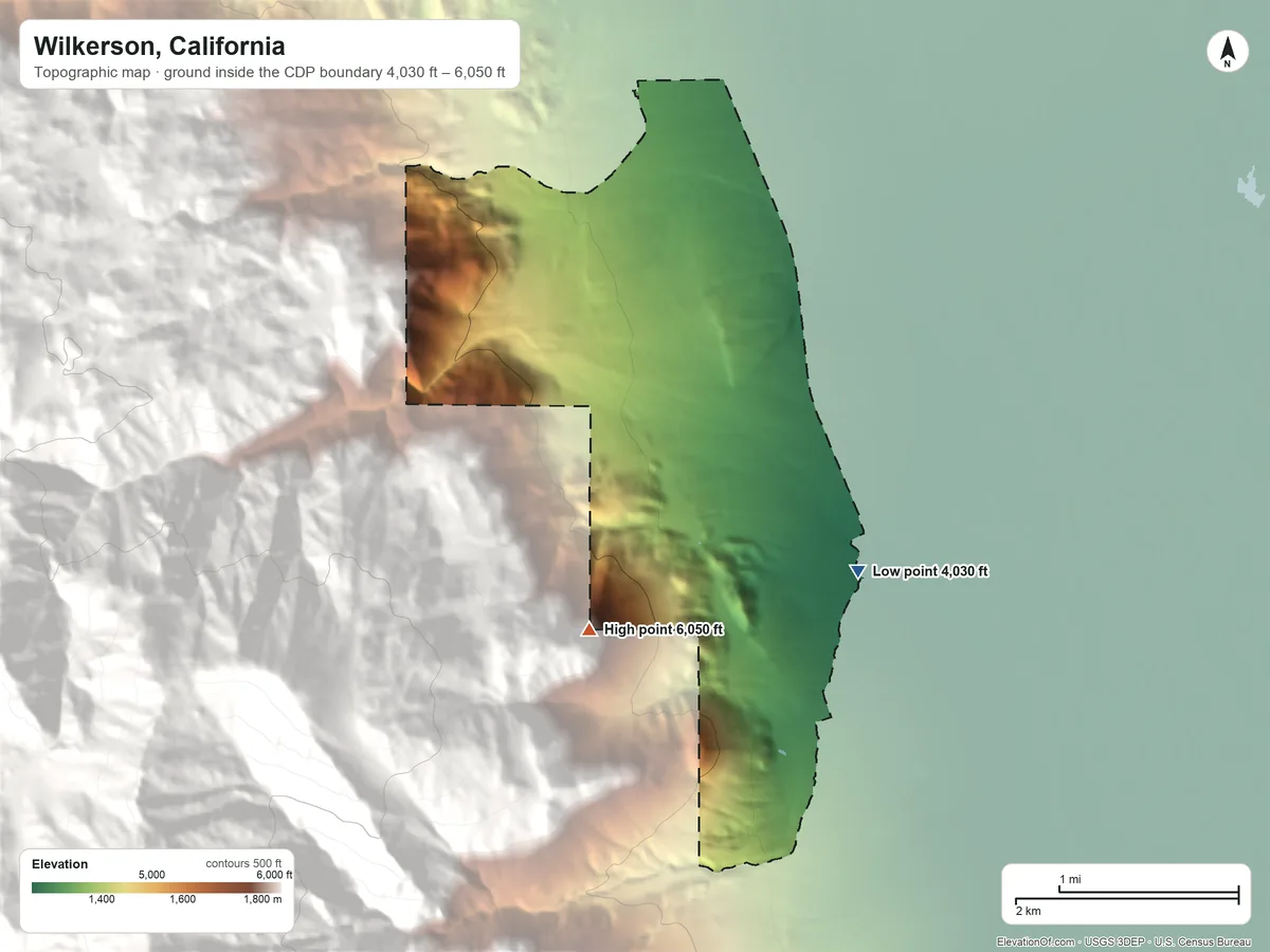 Topographic elevation map of Wilkerson, California, shaded from 4,030 ft on the east side to 6,050 ft at the foot of the Tungsten Hills