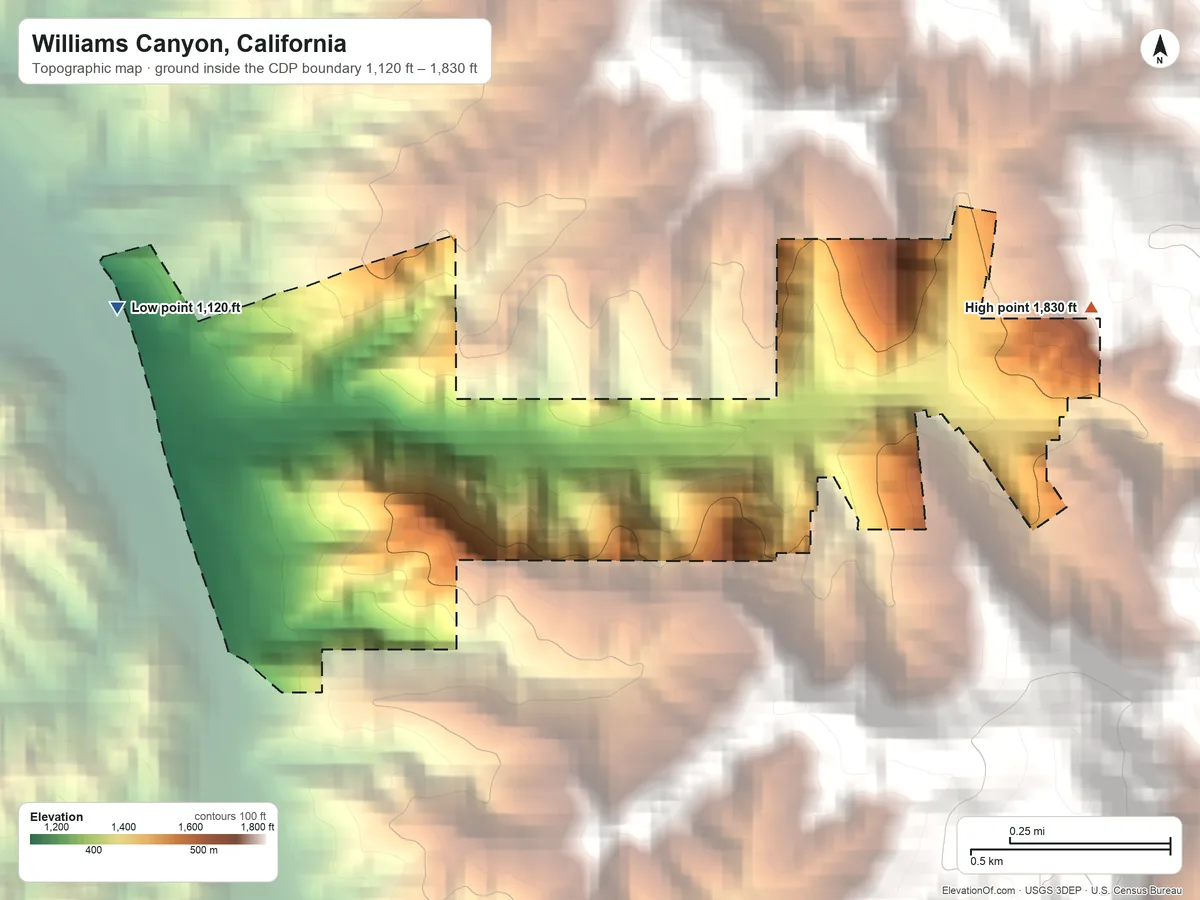 Topographic elevation map of Williams Canyon, California, shaded from 1,120 ft on the west side to 1,830 ft at the foot of the Santa Ana Mountains