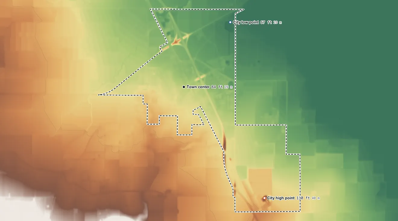 Topographic elevation map of Williams, California, shaded from 67 ft on the northeast side to 130 ft on the southeast side
