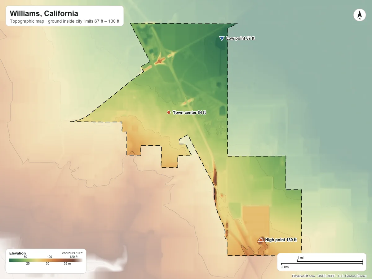 Topographic elevation map of Williams, California, shaded from 67 ft on the northeast side to 130 ft on the southeast side