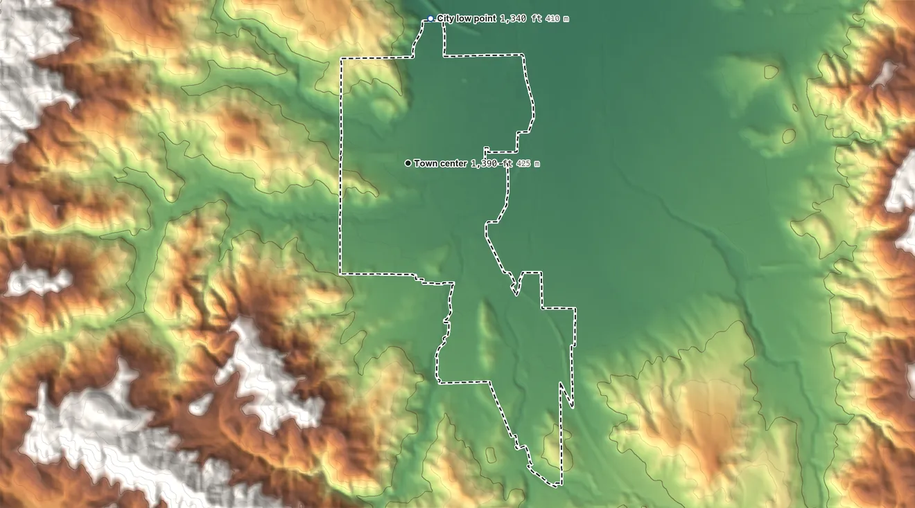 Topographic elevation map of Willits, California, shaded from 1,340 ft on the north side to 2,070 ft on the north edge, below higher ground just outside