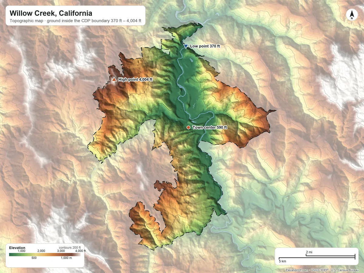 Topographic elevation map of Willow Creek, California, shaded from 370 ft on the north side to 4,004 ft on Brannan Mountain