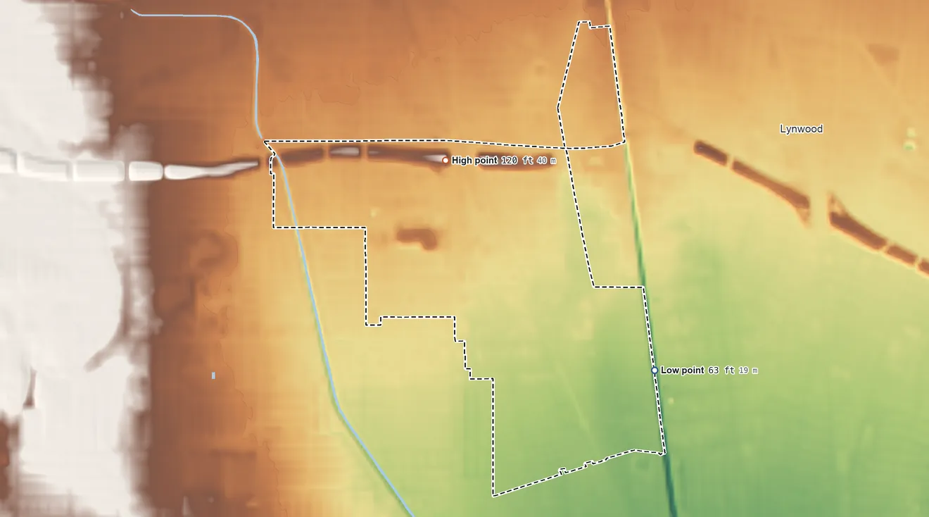 Topographic elevation map of Willowbrook, California, shaded from 63 ft on the southeast side to 120 ft on the northwest side
