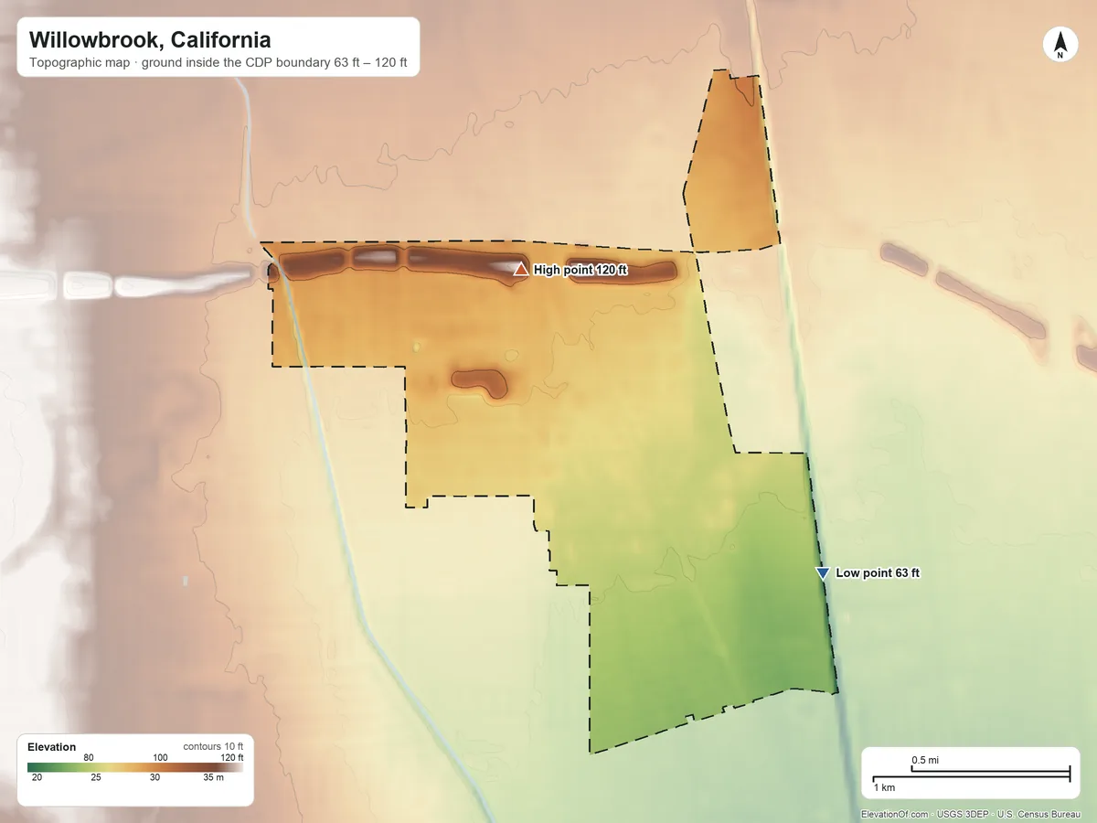 Topographic elevation map of Willowbrook, California, shaded from 63 ft on the southeast side to 120 ft on the northwest side