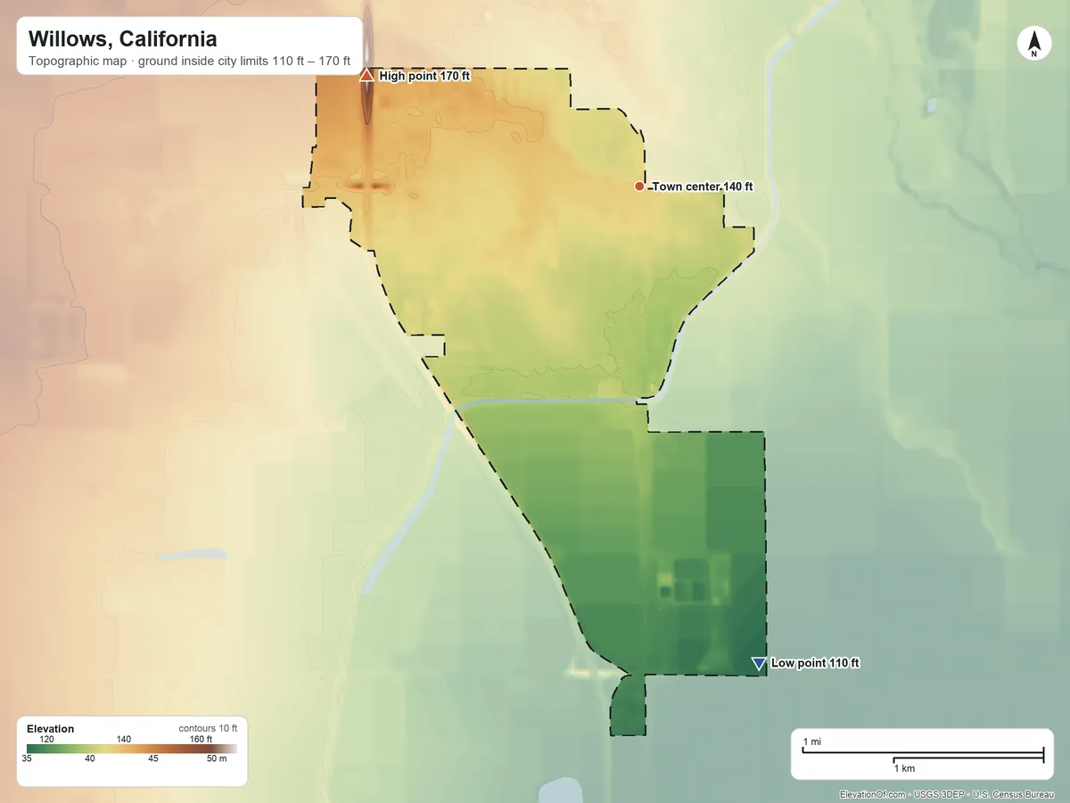 Topographic elevation map of Willows, California, shaded from 110 ft on the south side to 170 ft on the west side
