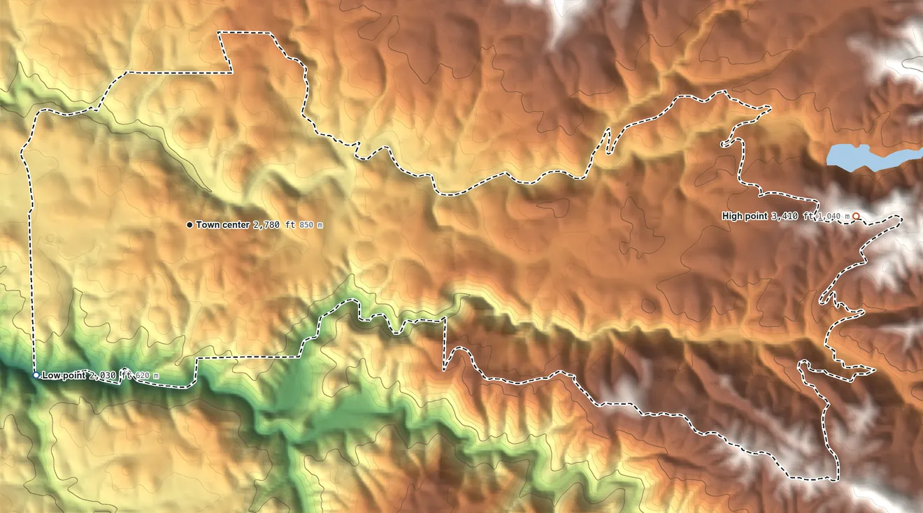Topographic elevation map of Wilseyville, California, shaded from 2,030 ft on the southwest side to 3,410 ft on the east edge, below higher ground just outside