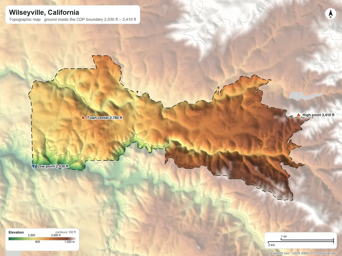 Topographic elevation map of Wilseyville, California, shaded from 2,030 ft on the southwest side to 3,410 ft on the east edge, below higher ground just outside