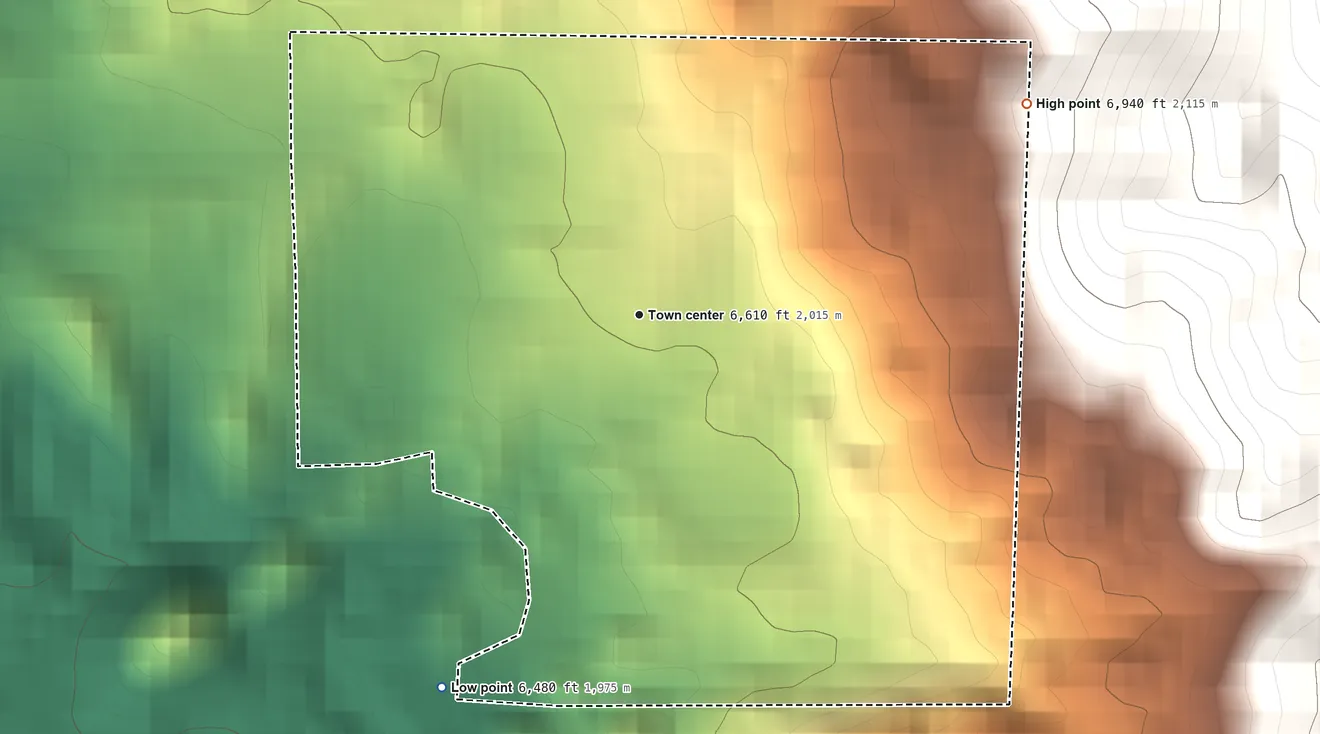 Topographic elevation map of Wilsonia, California, shaded from 6,480 ft on the southwest side to 6,940 ft on the northeast edge, below higher ground just outside